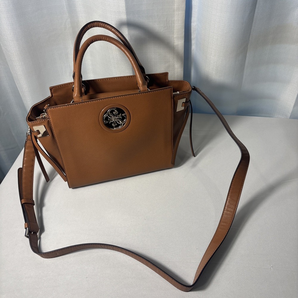 Guess Open Road Society Satchel Shoulder Bag‎ Cognac/Brown Color Logo Crossbody